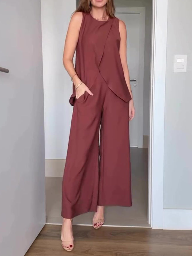 Brown Sleeveless Top High Waist Wide Leg Pants Set