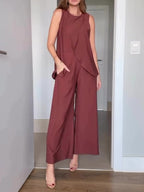 Brown Sleeveless Top High Waist Wide Leg Pants Set