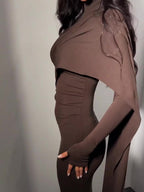 Brown Turtleneck Long-sleeved Slim Dress