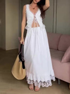 White Lace Patchwork Vest & Elastic Waist Skirt Suit
