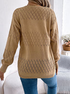 Women Casual Solid Color Hollow Out Lantern Sleeve Mid-Length Cardigan Sweater