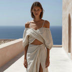 Cotton And Linen Off-shoulder Top With Slit & Twist Skirt Suit