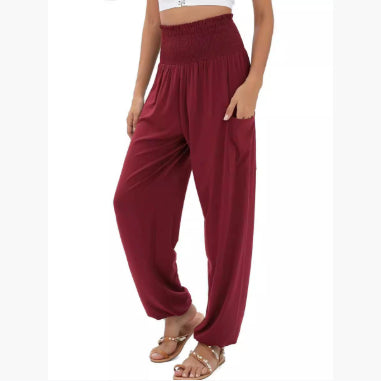 Elastic-waist High Waist Wide-leg Casual Trousers