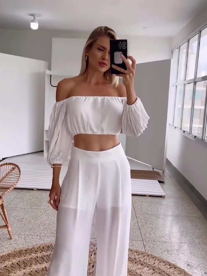 White One-shoulder Pleated Top & High-waisted Pants Set