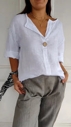 V-neck Long-sleeved T-shirt Fashion Loose Cotton And Linen Button Tops For Women