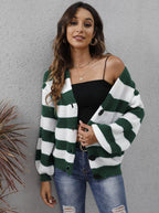 Women's Cardigan Striped Button Stitching Woven Sweater