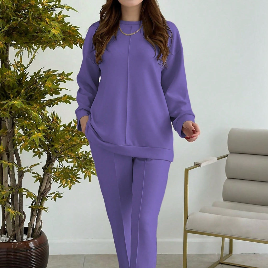 Women's Fashion Casual Solid-Color Crew-Neck Top And Pants Two-Piece Set