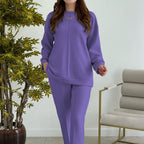 Women's Fashion Casual Solid-Color Crew-Neck Top And Pants Two-Piece Set