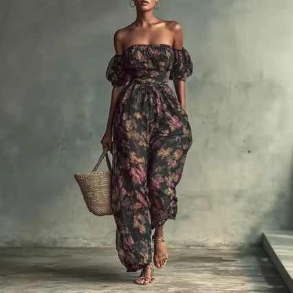 Floral Design Ruched Puff Sleeves Floral Print Jumpsuit With High Waist