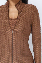 Honeycomb Cross Back Jumpsuit And Zipper Jacket Set