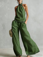 Womens Striped Patchwork Halterneck Sleeveless Wide-Leg Pants Set