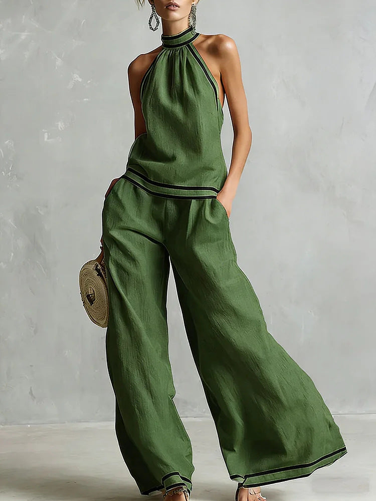 Womens Striped Patchwork Halterneck Sleeveless Wide-Leg Pants Set