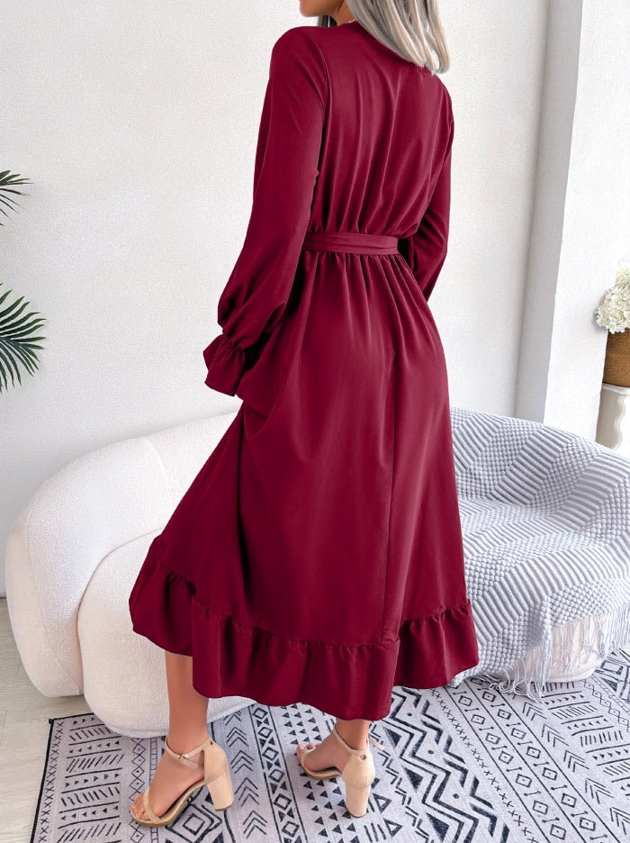 Women's Elegant V-Neck Lace Waist-Defined Hem Ruffle Maxi Dress