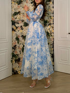 Butterfly Print V Neck Long Sleeve Dress