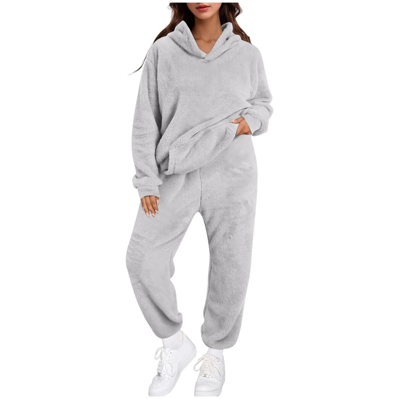 Women's Casual Solid-Color Fleece Hooded Long-Sleeve Top And Pants Set