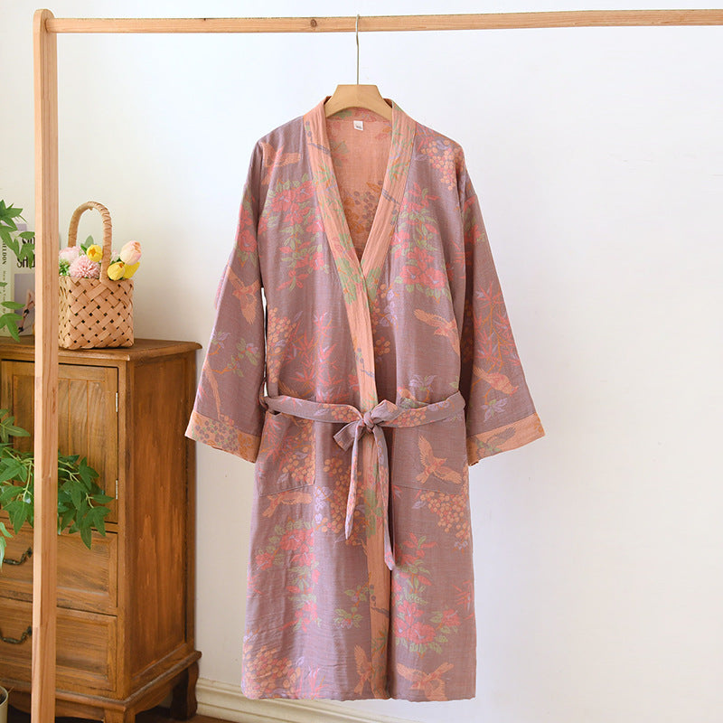 Women's SpringSummer Jacquard Woven Pure Cotton Double-Layer Gauze Nightgown