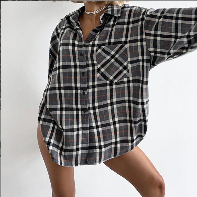 European And American-style Plaid Lapel Elegant Women's Blouse