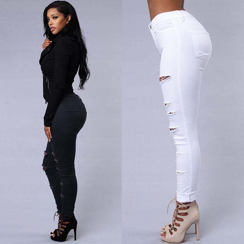 Women's High Waist Ripped Jeans - Distressed Skinny Denim Trousers | Casual Stretch Pencil Pants