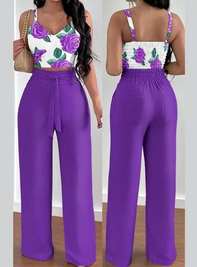 Women's Solid Color Slim Elastic Pleated Two-Piece Suit Sexy Spaghetti Strap V-neck Backless Vest High Waist Wide Leg Pants Suit
