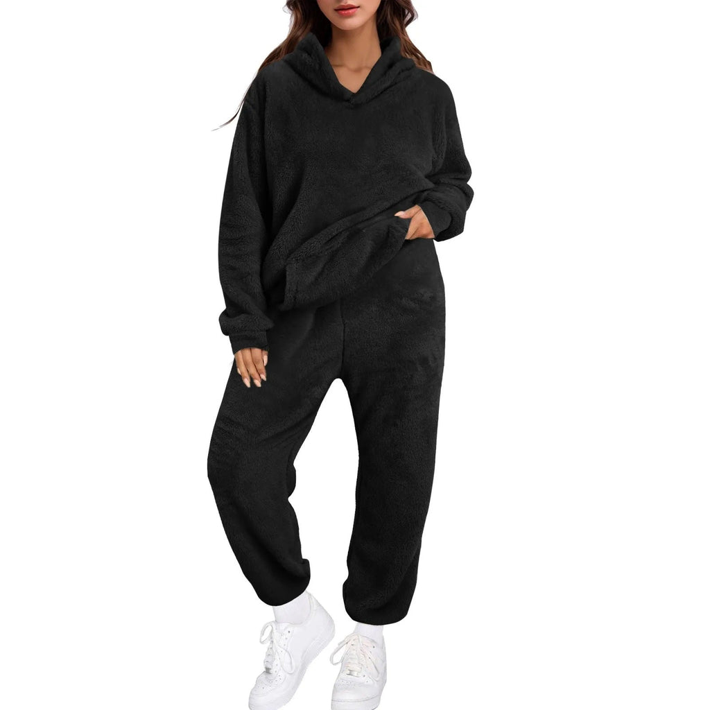 Women's Casual Solid-Color Fleece Hooded Long-Sleeve Top And Pants Set