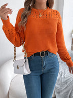 Women Casual Solid Color Hollow Out Lantern Sleeve Pullover Sweater