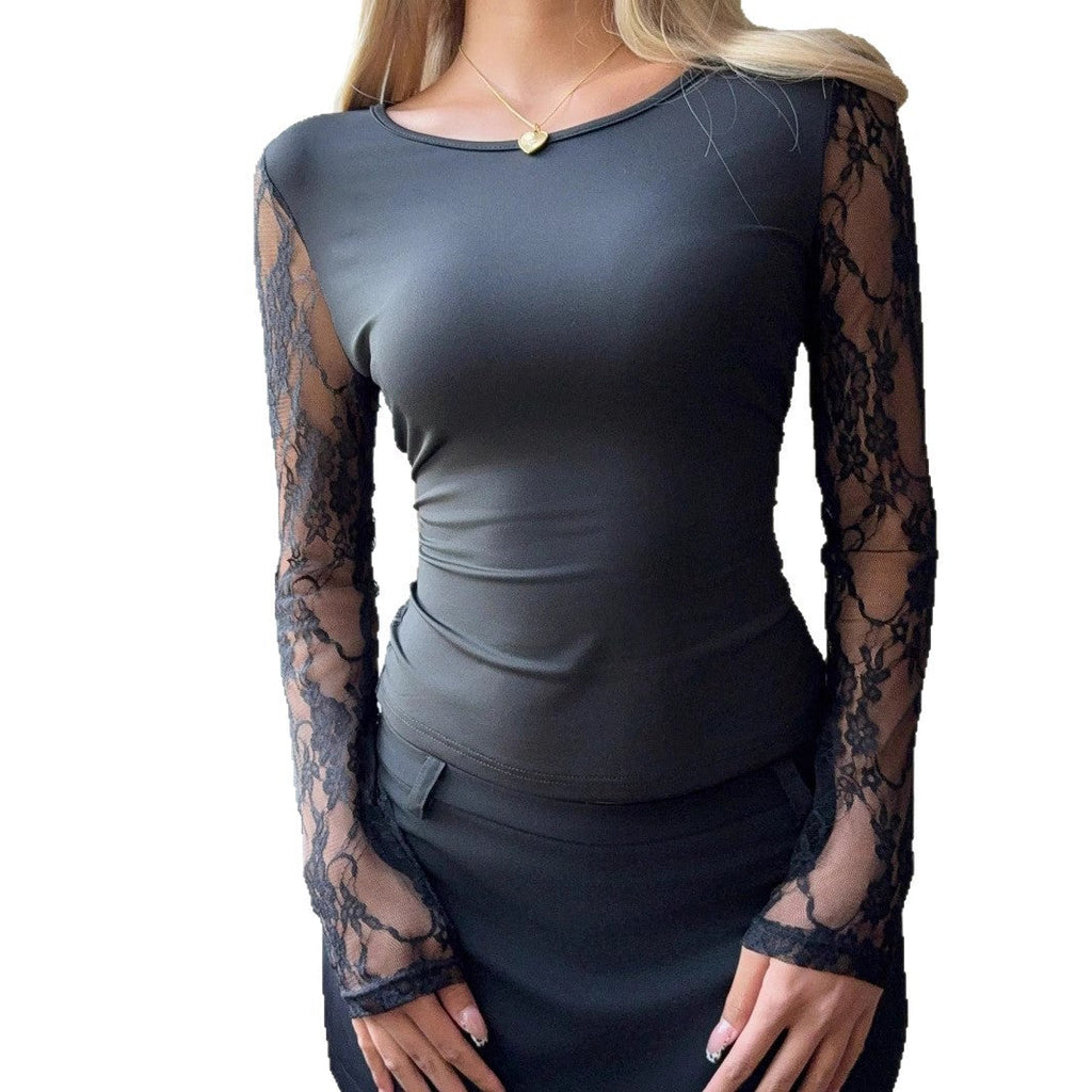 Lace-Panel Crew-Neck Lightweight Slim-Fit Figure-Hugging Versatile Top For Commuting And Dates Women's