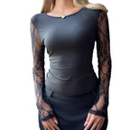 Lace-Panel Crew-Neck Lightweight Slim-Fit Figure-Hugging Versatile Top For Commuting And Dates Women's