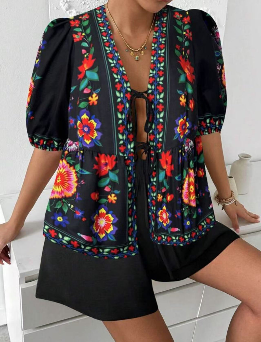 Women's Floral-print Cardigan With Tie-front Short-sleeve Top And Shorts Set