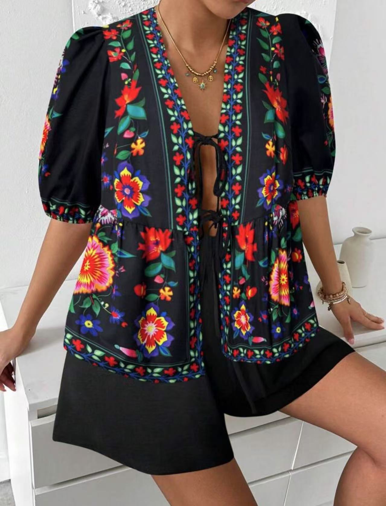 Women's Floral-print Cardigan With Tie-front Short-sleeve Top And Shorts Set