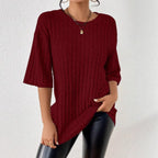 Women's Solid-Color Ribbed Brushed Knit Loose Short-Sleeve Top