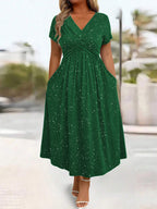 Waist Cinching Elegant Dress With A Vneck Shimmering Powder Finish Twisted Ribbon Detailing And Pocket Design