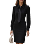 Autumn Fashion Temperament Pure Color Waist Tie Long Sleeve Dress For Women