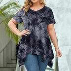 Tie-Dye V-Neck Asymmetric Hem Short-Sleeve Loose Top