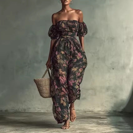 Floral Design Ruched Puff Sleeves Floral Print Jumpsuit With High Waist