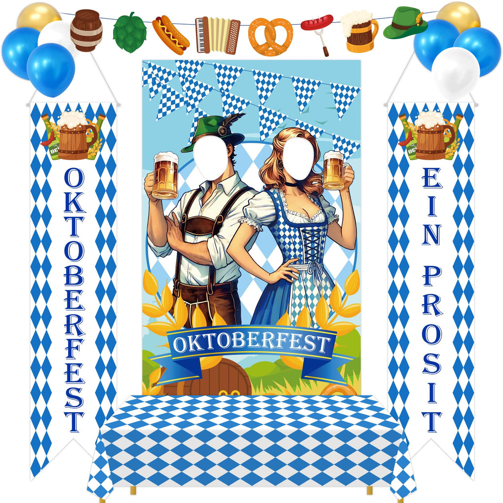 90shine 13Pcs Oktoberfest Decorations Set – Bavarian Backdrop, Door Banners, Garland & Balloons