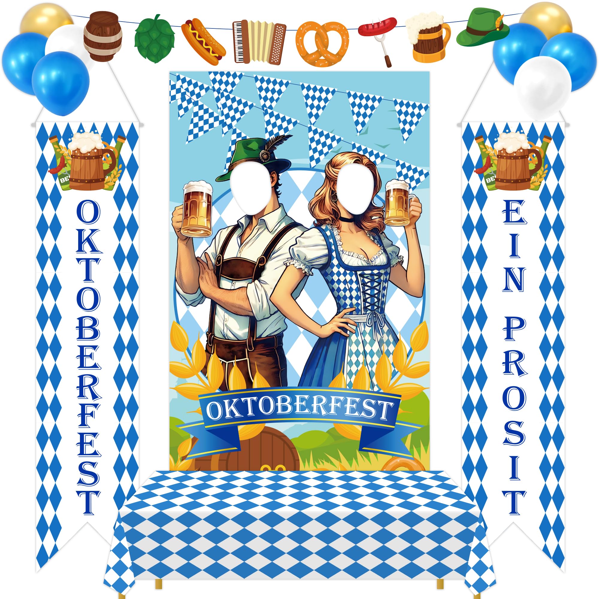 90shine 13Pcs Oktoberfest Decorations Set – Bavarian Backdrop, Door Banners, Garland & Balloons