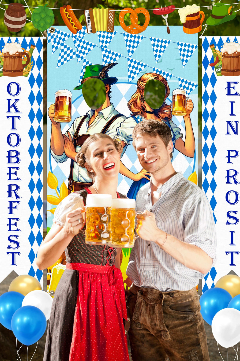 90shine 13Pcs Oktoberfest Decorations Set – Bavarian Backdrop, Door Banners, Garland & Balloons