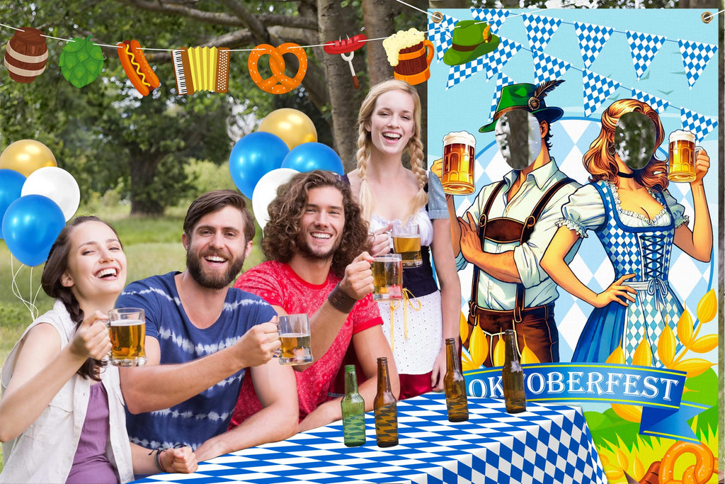 90shine 13Pcs Oktoberfest Decorations Set – Bavarian Backdrop, Door Banners, Garland & Balloons