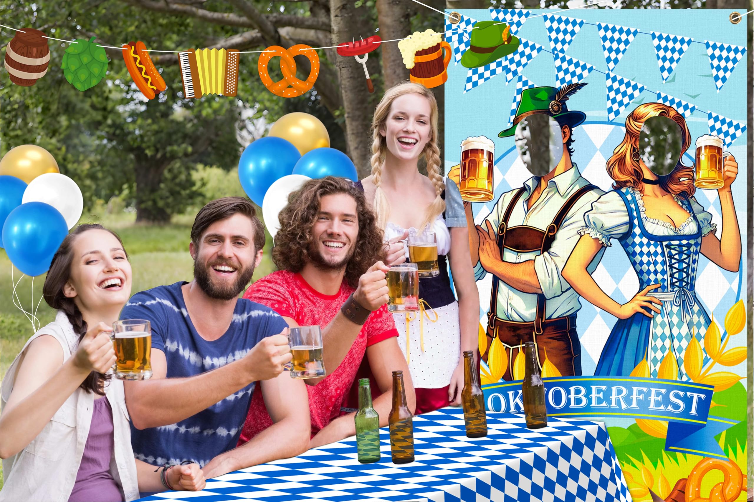 90shine 13Pcs Oktoberfest Decorations Set – Bavarian Backdrop, Door Banners, Garland & Balloons
