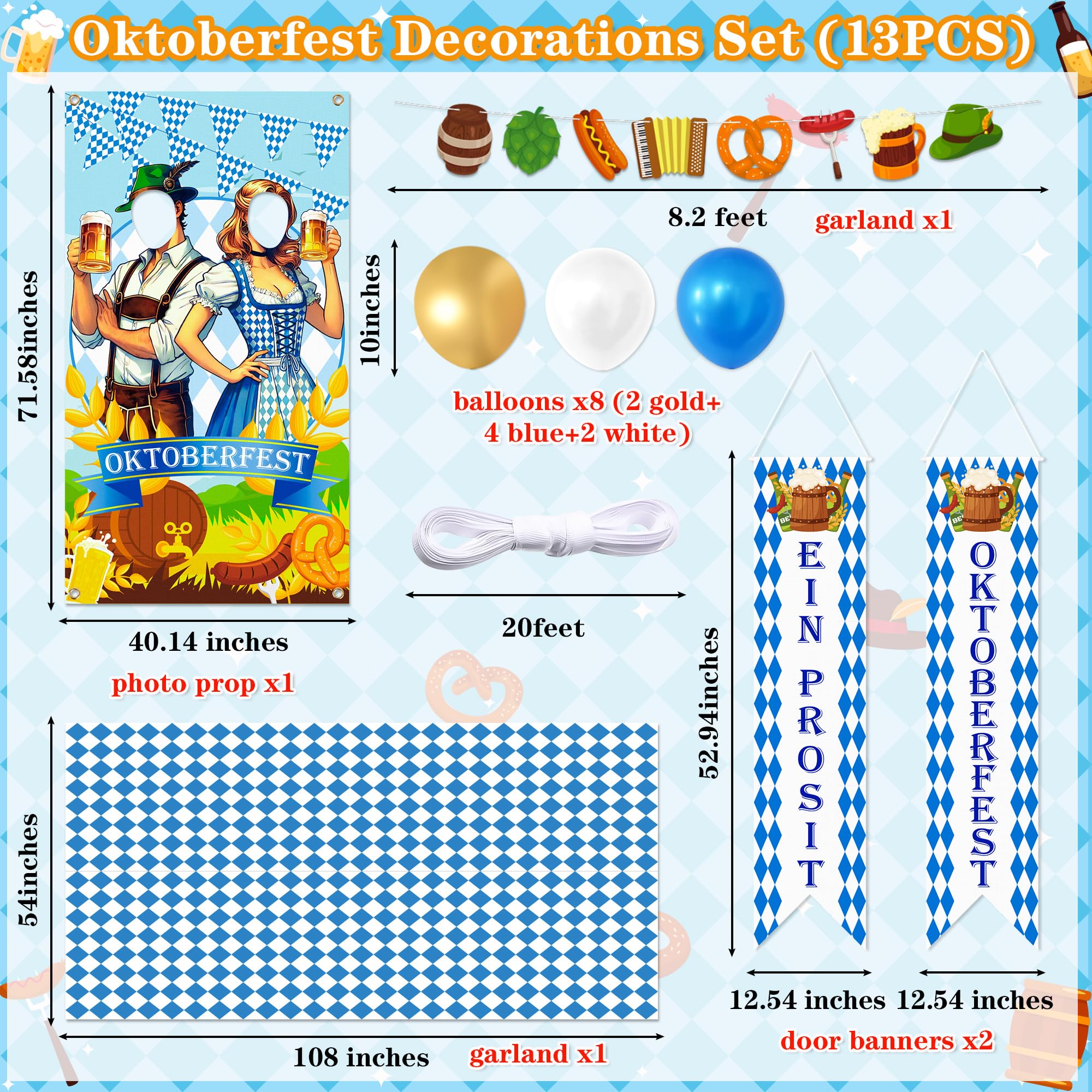90shine 13Pcs Oktoberfest Decorations Set – Bavarian Backdrop, Door Banners, Garland & Balloons