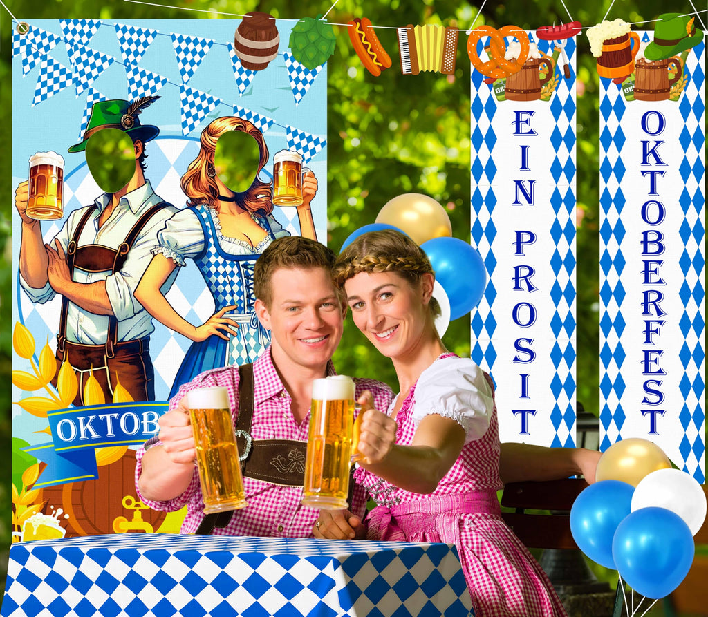 90shine 13Pcs Oktoberfest Decorations Set – Bavarian Backdrop, Door Banners, Garland & Balloons