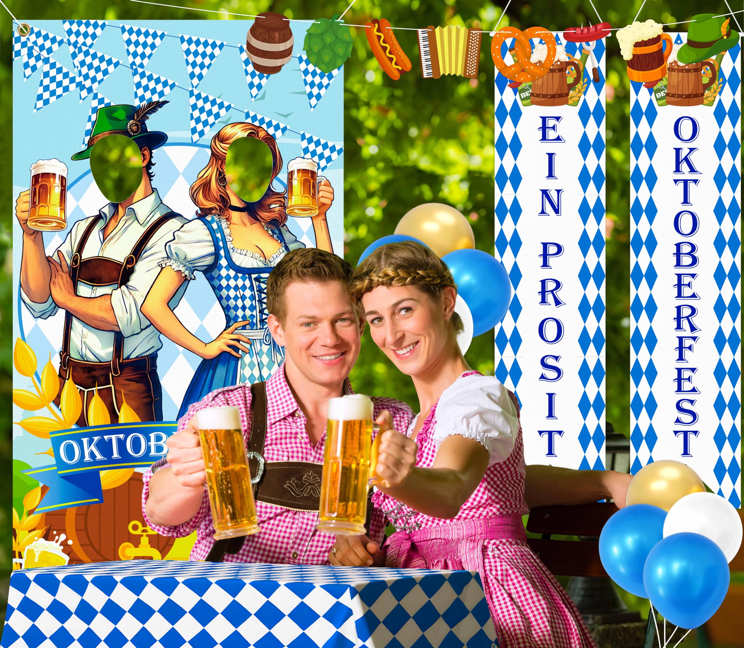 90shine 13Pcs Oktoberfest Decorations Set – Bavarian Backdrop, Door Banners, Garland & Balloons