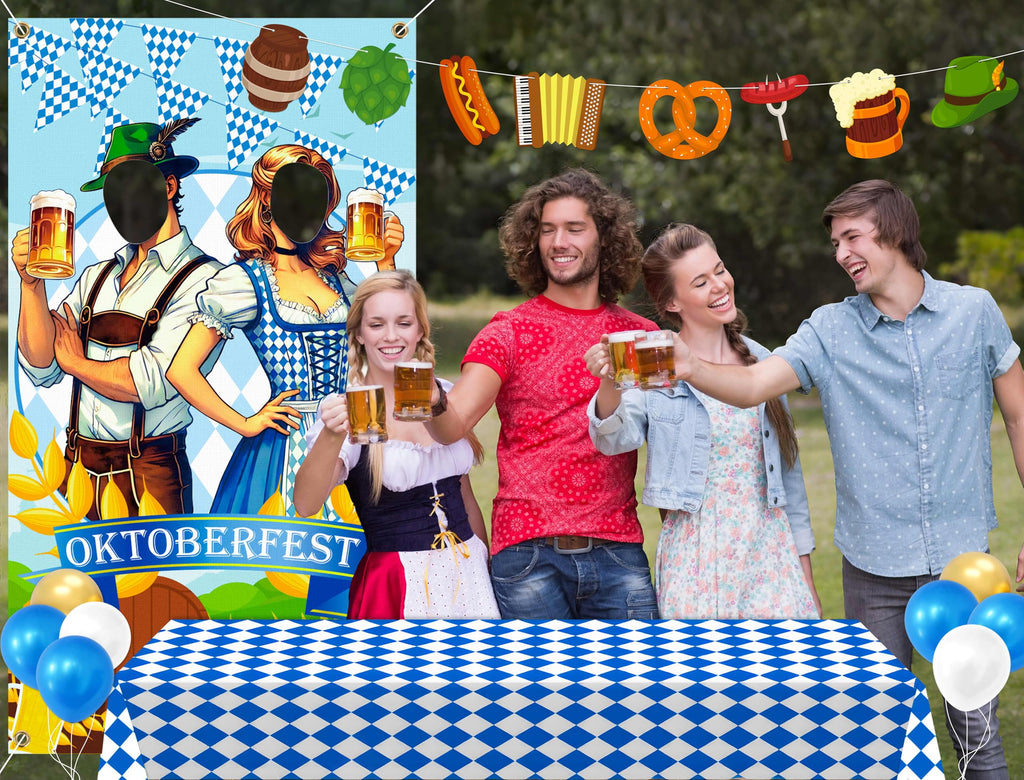 90shine 13Pcs Oktoberfest Decorations Set – Bavarian Backdrop, Door Banners, Garland & Balloons
