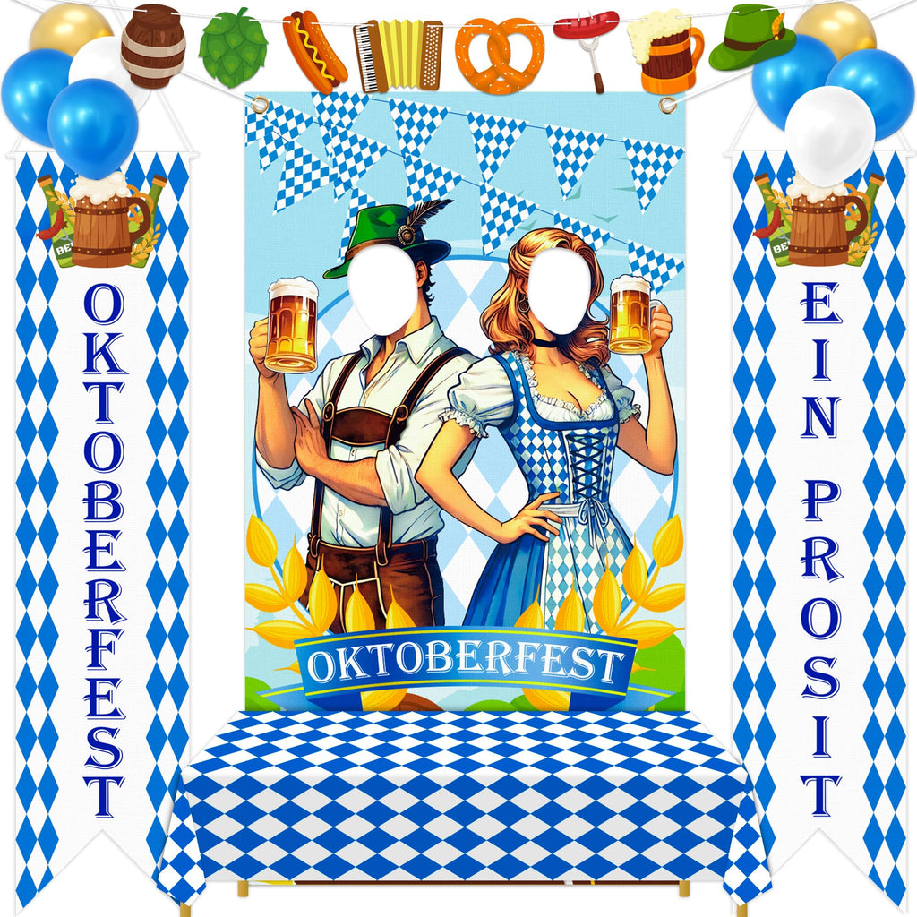 90shine 13Pcs Oktoberfest Decorations Set – Bavarian Backdrop, Door Banners, Garland & Balloons