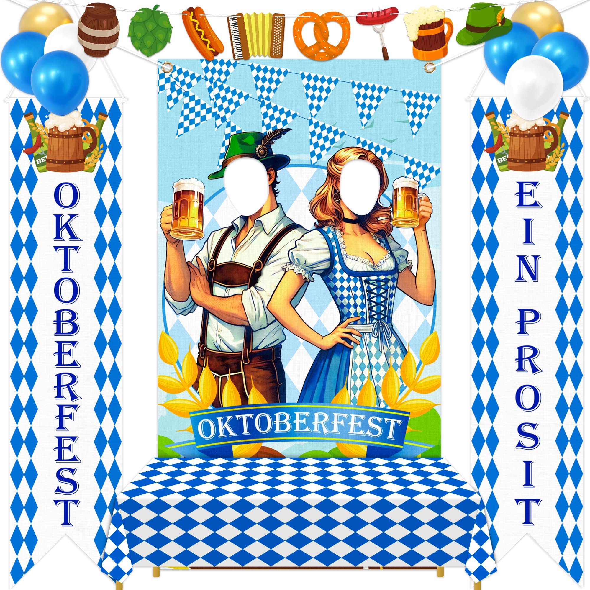 90shine 13Pcs Oktoberfest Decorations Set – Bavarian Backdrop, Door Banners, Garland & Balloons
