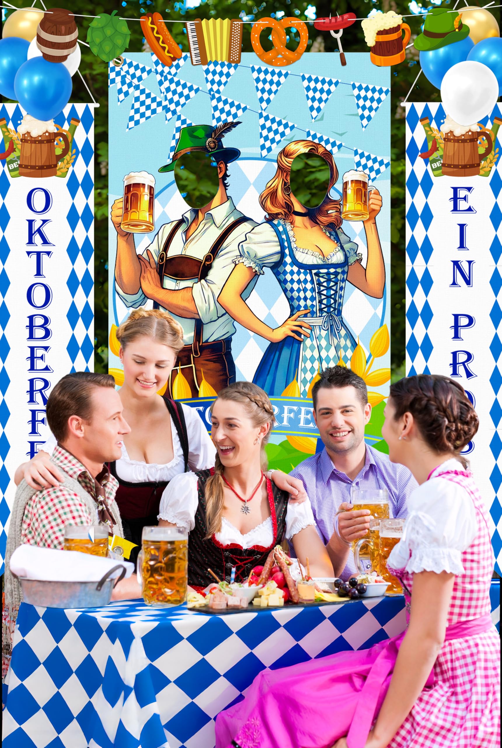 90shine 13Pcs Oktoberfest Decorations Set – Bavarian Backdrop, Door Banners, Garland & Balloons