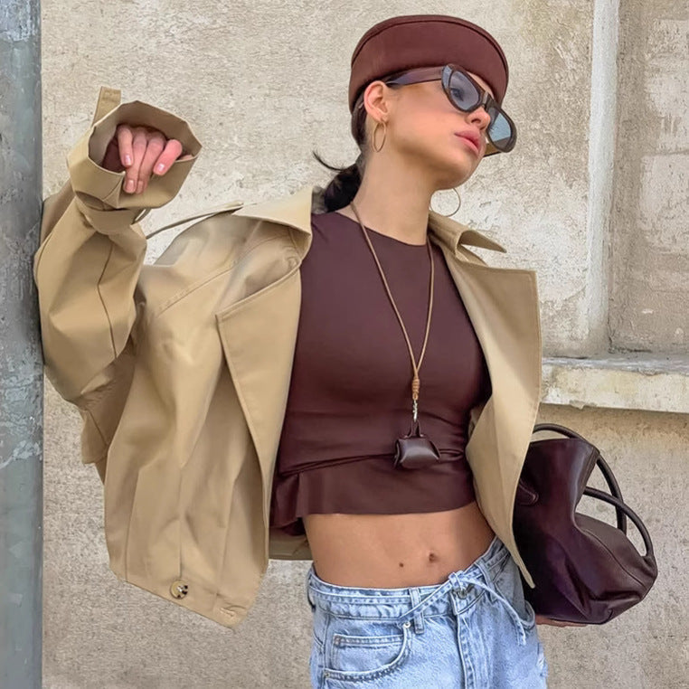 Women's Khaki Double Breasted Blazer Collar Coat
