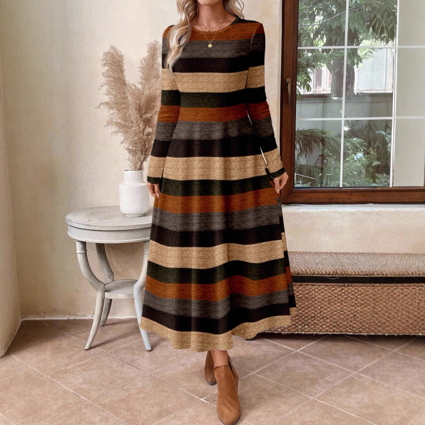 Women's Casual Crew-Neck Colorblock Striped Maxi Dress