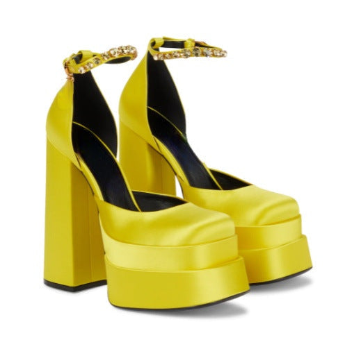 Super High Heel Platform Thick Heel Hollow Square Toe Satin Hate Sky High Baotou Plus Size Catwalk Sandals High Heels
