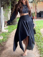 Chic Long-sleeved Cropped Jacket & Irregular Hem Denim Skirt Set